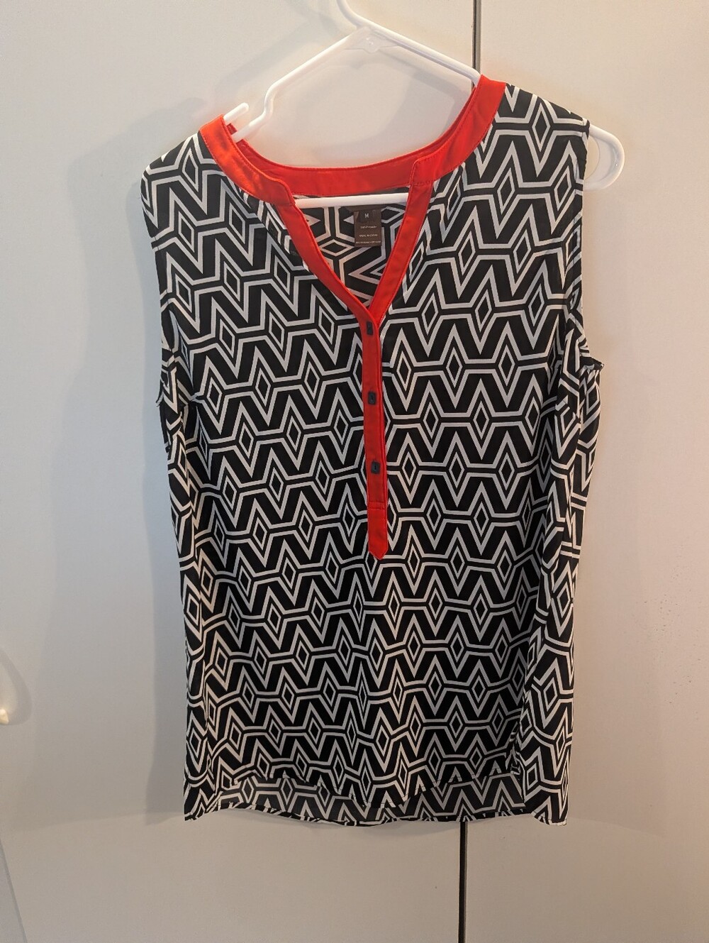Multiples Black & White Geometric Sleeveless Top with Red Trim